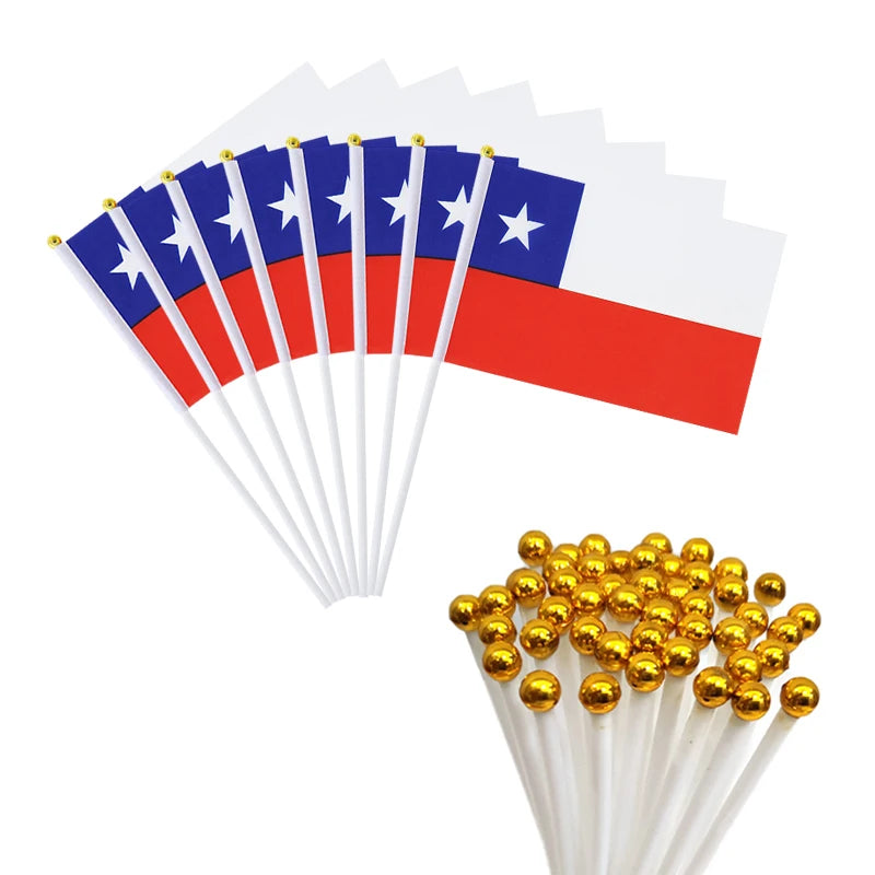 Pack 50 Banderas Chilenas de Mano (14x21 cm) con Mástil de Plástico – Ideal para Fiestas Patrias, Eventos y Colegios